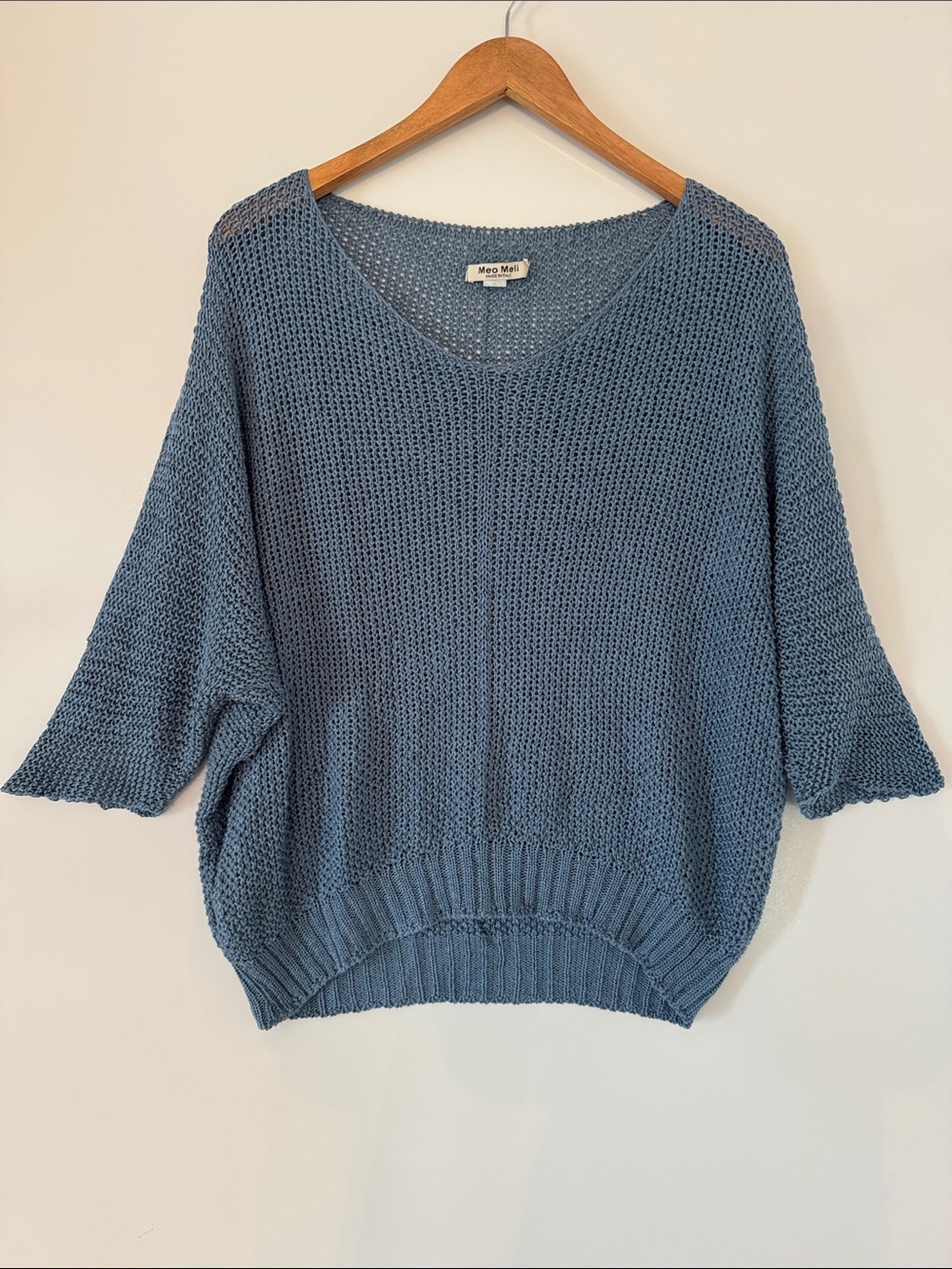 Meo Meli Sweater Womens Large Blue Open Knit Short Sleeve V Neck